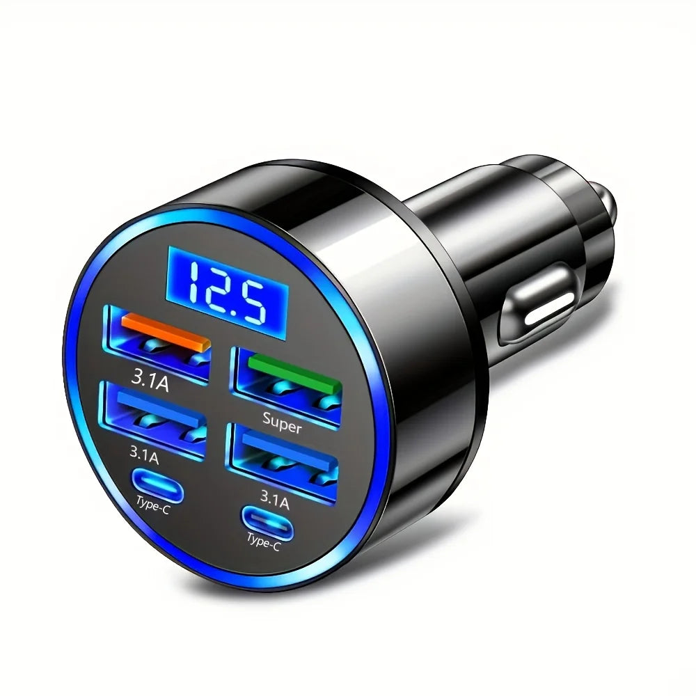 6-in-1 Fast Charging Car Adapter with LED Voltage Display