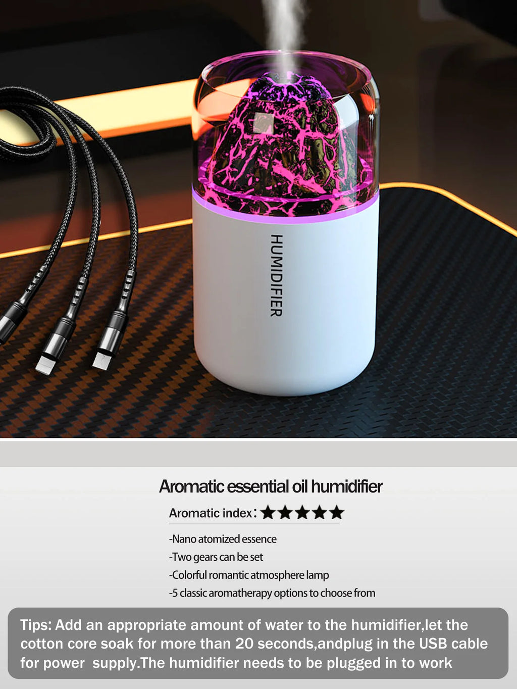 Ultra-Quiet Mini USB Portable Car & Home Air Humidifier with LED Atmosphere Light