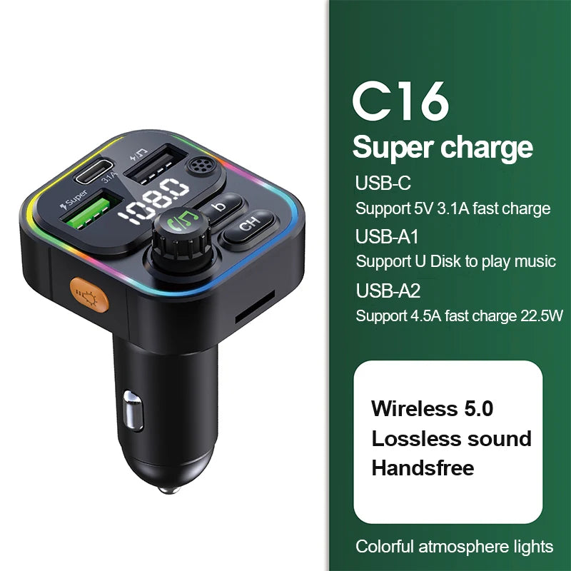 Bluetooth 5.3 Car FM Transmitter with PD 20W & QC 3.0 Fast Charger