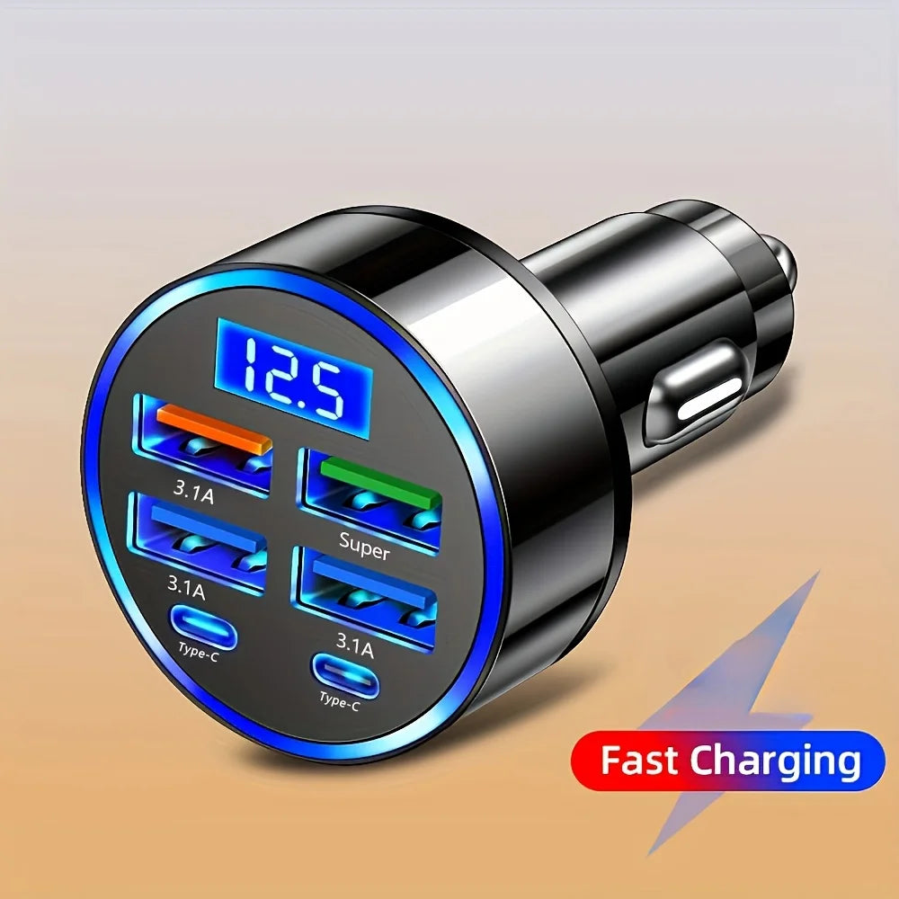 6-in-1 Fast Charging Car Adapter with LED Voltage Display