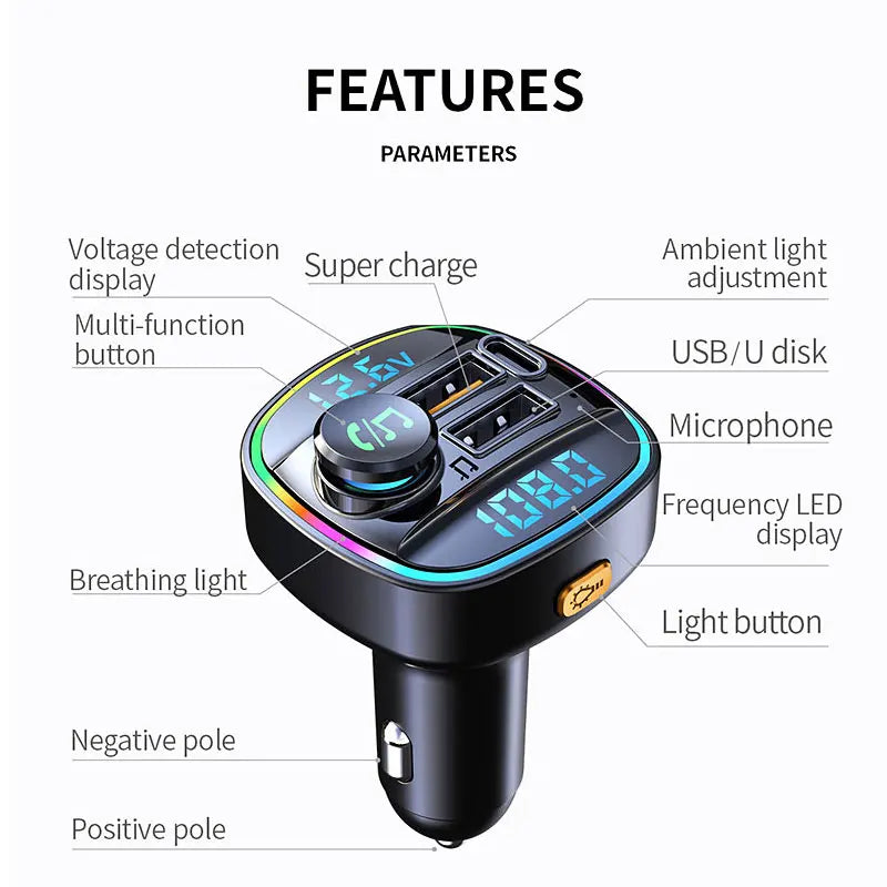 Bluetooth 5.3 Car FM Transmitter with PD 20W & QC 3.0 Fast Charger