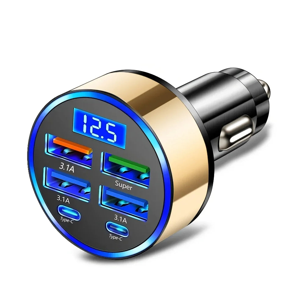 6-in-1 Fast Charging Car Adapter with LED Voltage Display
