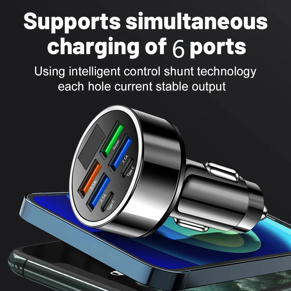 6-in-1 Fast Charging Car Adapter with LED Voltage Display
