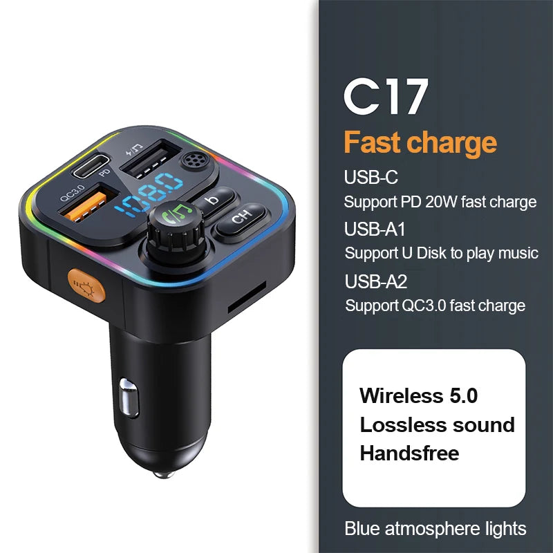 Bluetooth 5.3 Car FM Transmitter with PD 20W & QC 3.0 Fast Charger