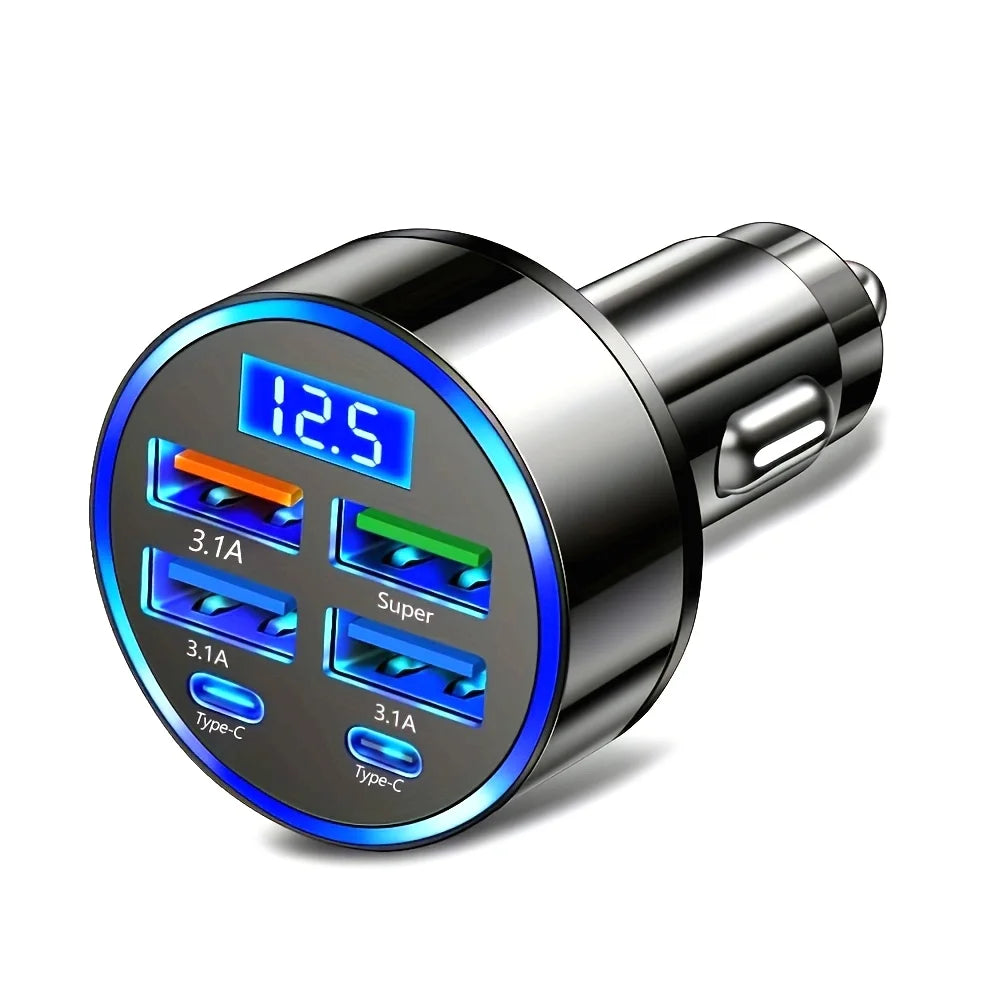 6-in-1 Fast Charging Car Adapter with LED Voltage Display